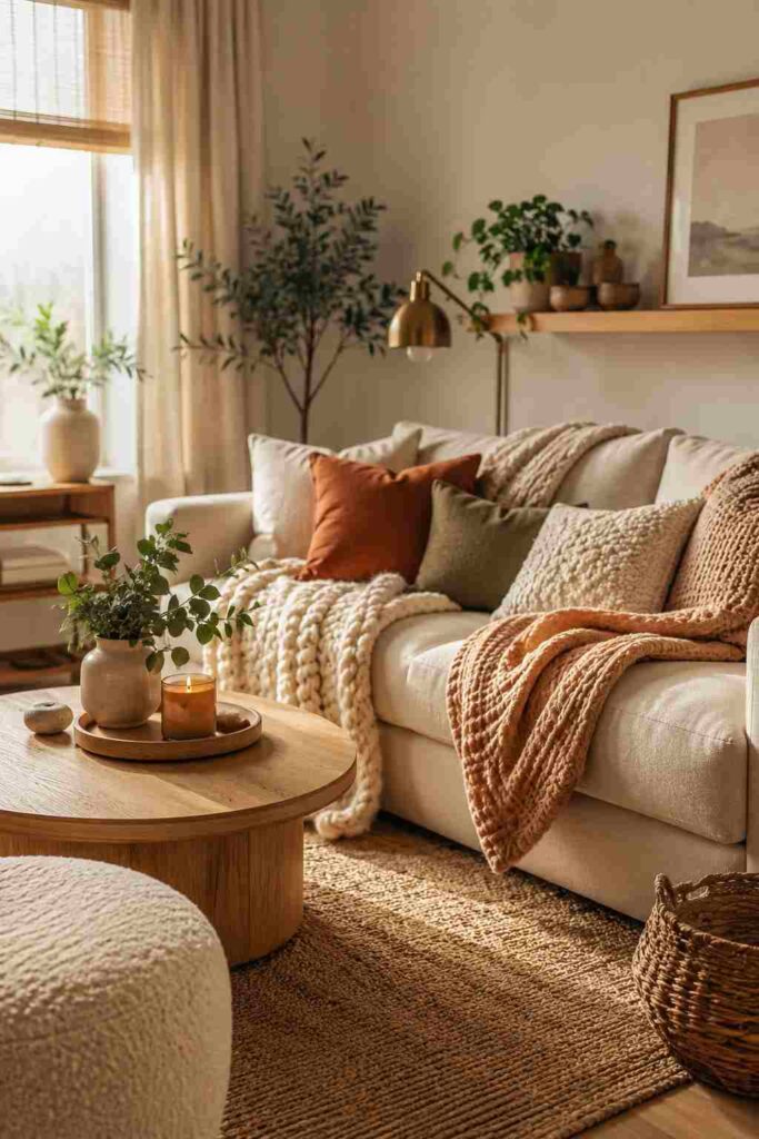 Cozy small living room with layered throws, textured pillows and soft area rug