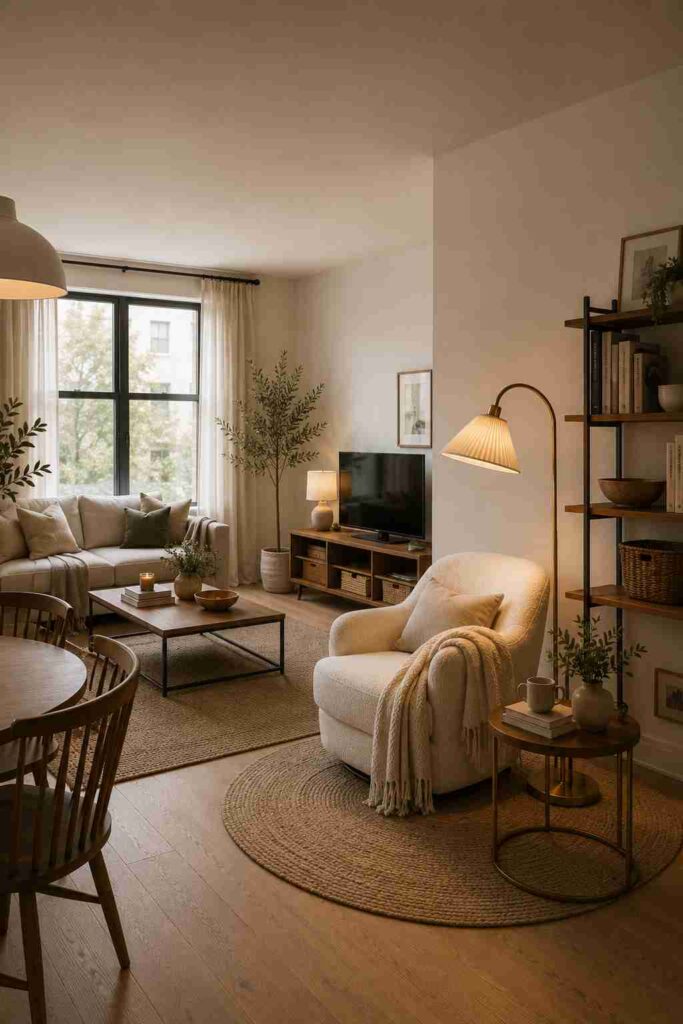 luxury reading corner with chair lamp side table rug and books