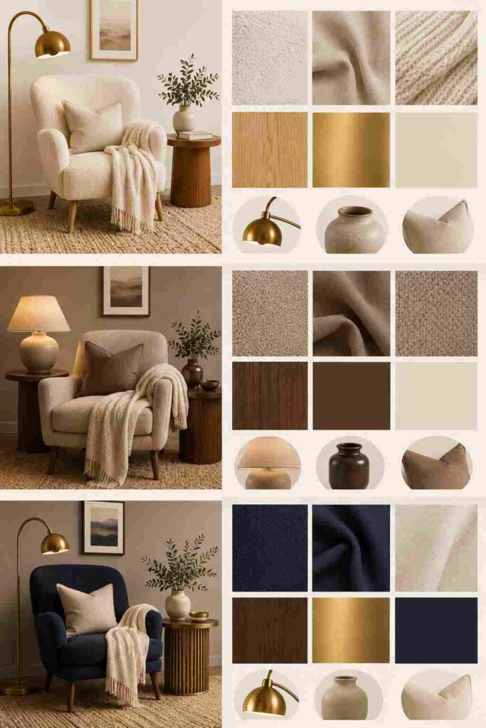 luxury reading nook color palettes cream beige taupe navy and brass