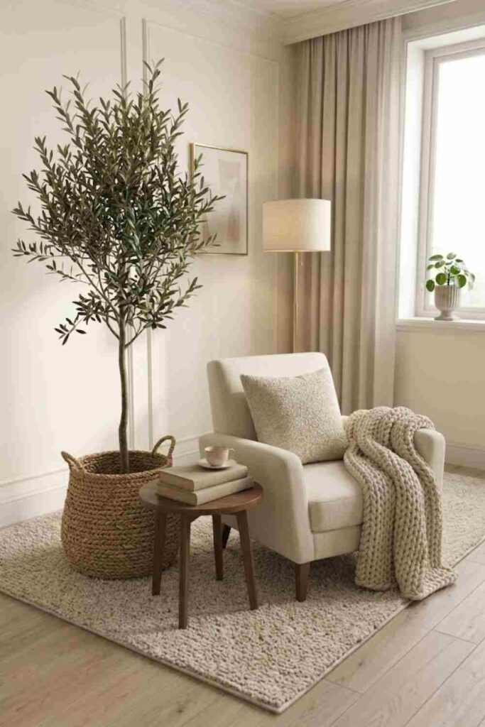 luxury reading nook with olive tree and cream chair
