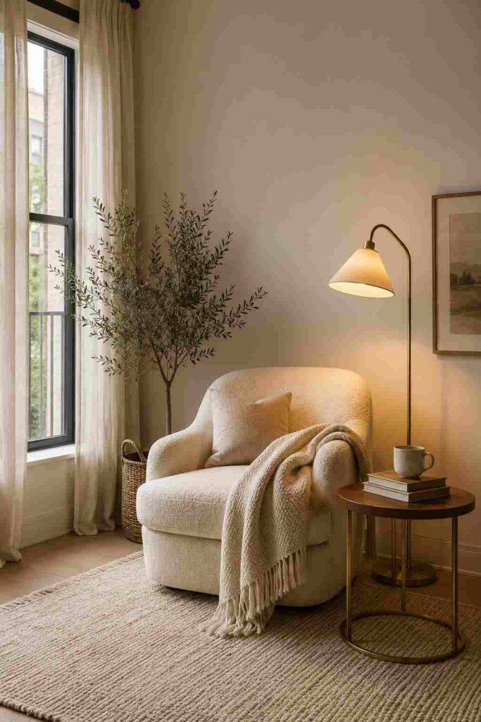 luxury reading nook on a budget with cream chair and warm lighting