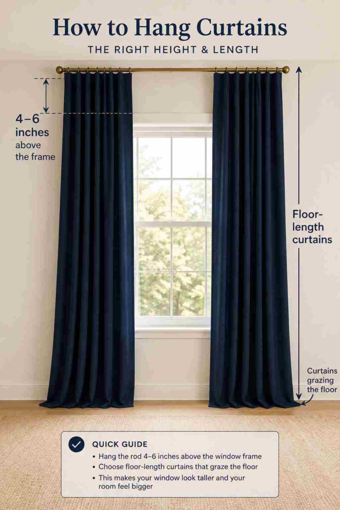 navy curtain rod height and length guide