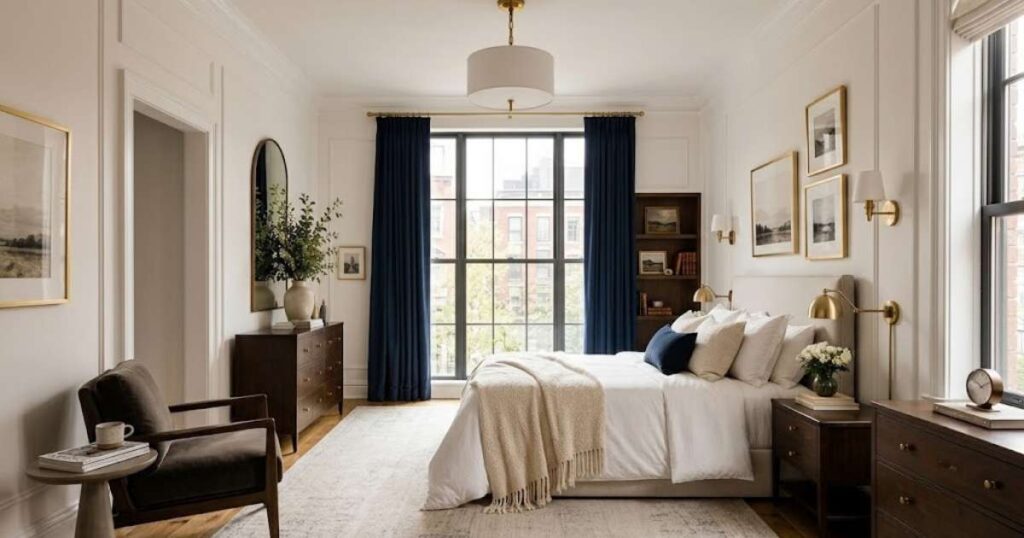 navy curtains bedroom idea with white walls