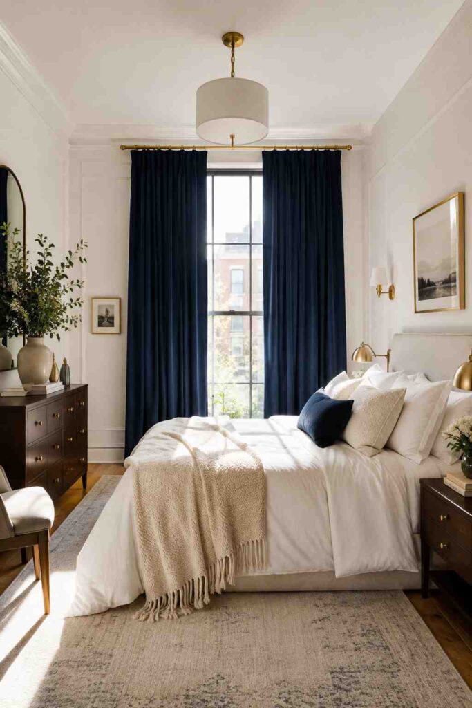 navy curtains bedroom idea with white walls