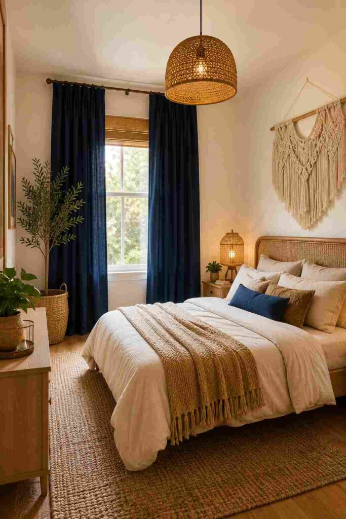 navy curtains boho bedroom rattan