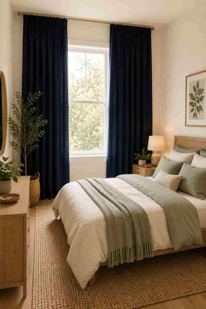 navy curtains with sage green bedroom accents