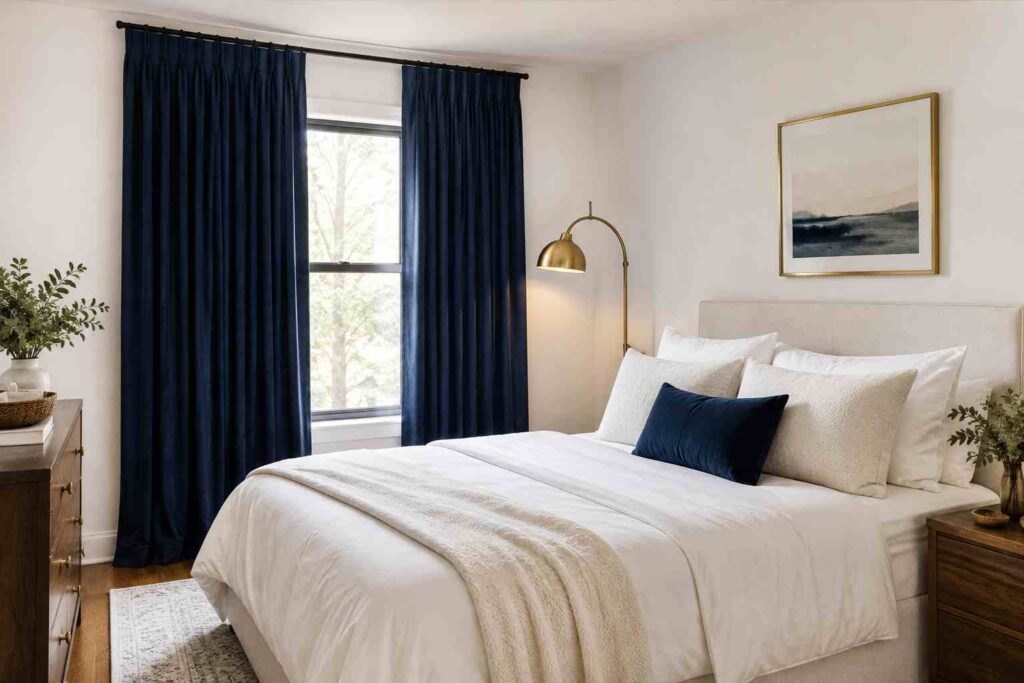 navy curtains white walls  bedroom