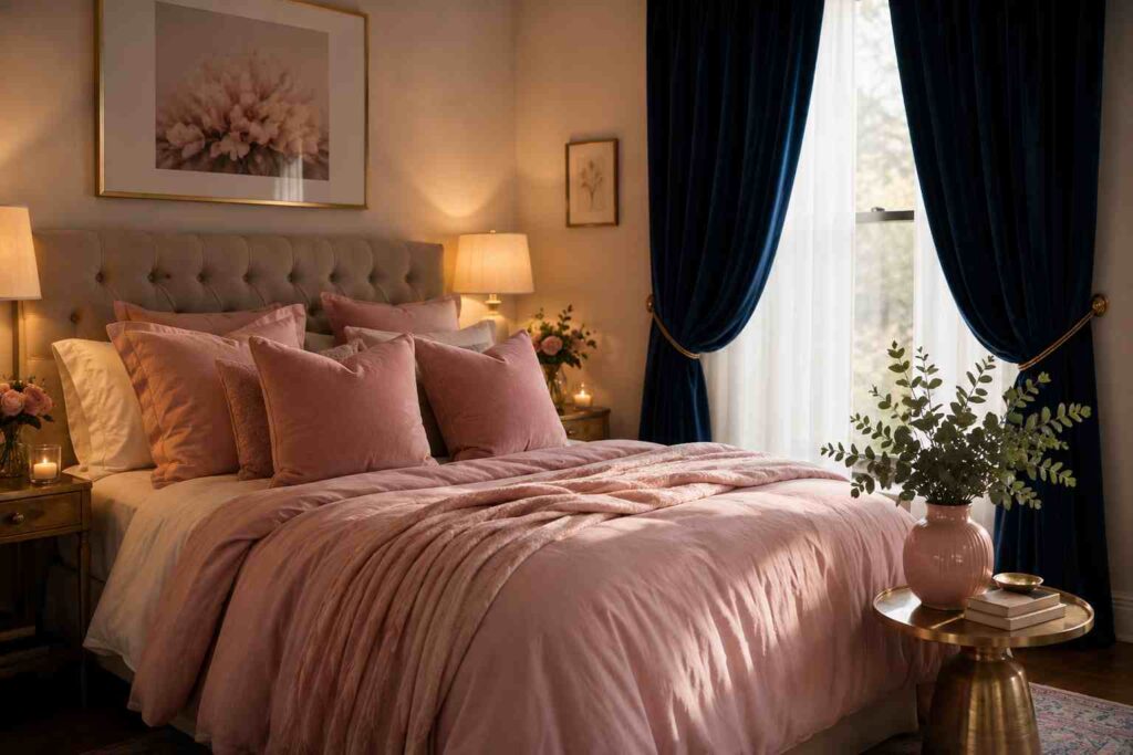 navy velvet curtains blush pink bedroom