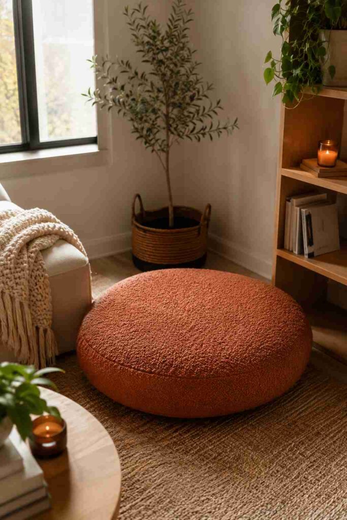Oversized floor cushion used as extra seating in a small apartment living room