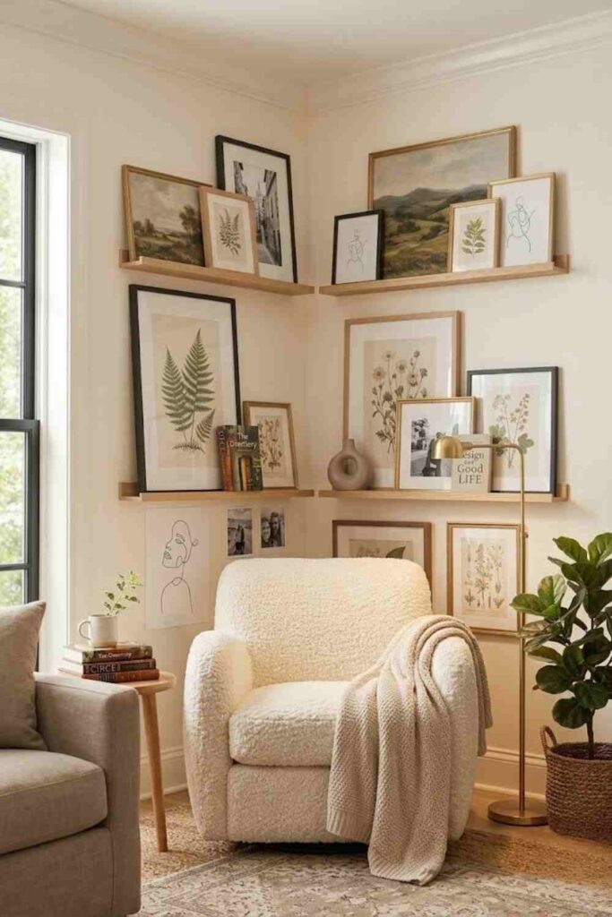 Picture ledge with layered frames in a cozy corner