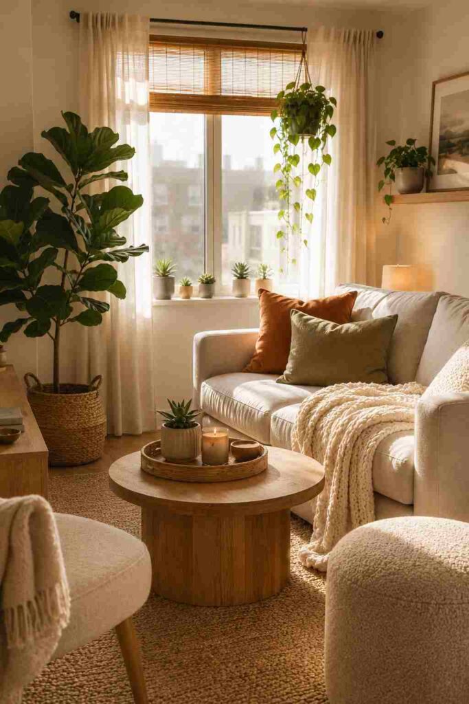 Small apartment living room decorated with fiddle leaf fig, succulents and hanging pothos
