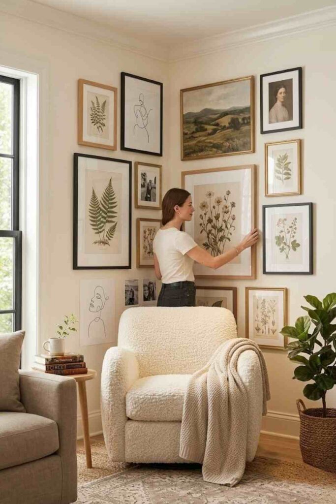 Renter-friendly gallery wall with lightweight framed artwork