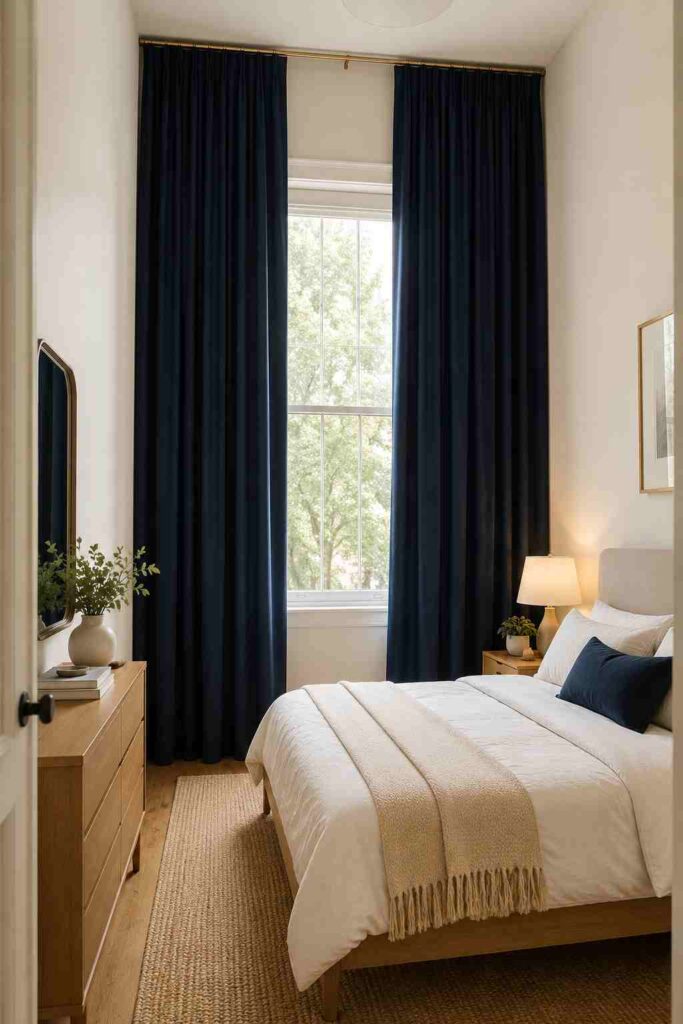 small bedroom navy curtains ceiling height