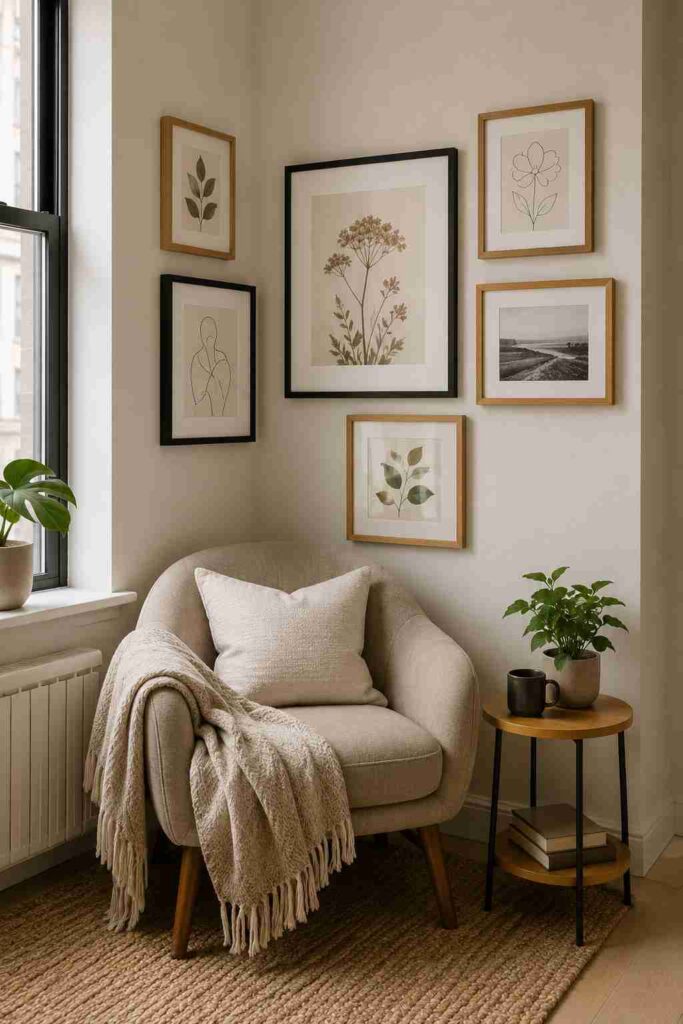 Small corner gallery wall with mixed-size frames in a cozy apartment