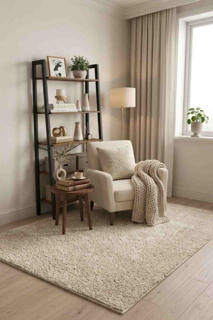 small reading nook with narrow bookshelf and cozy chair