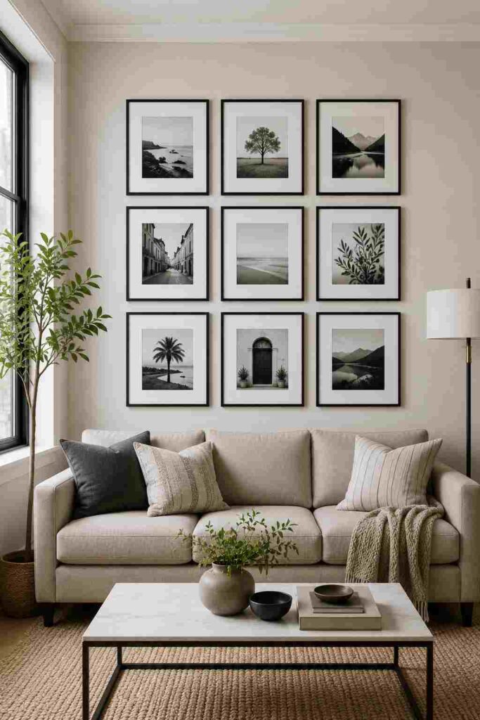 Symmetrical black frame gallery wall grid in a modern living room