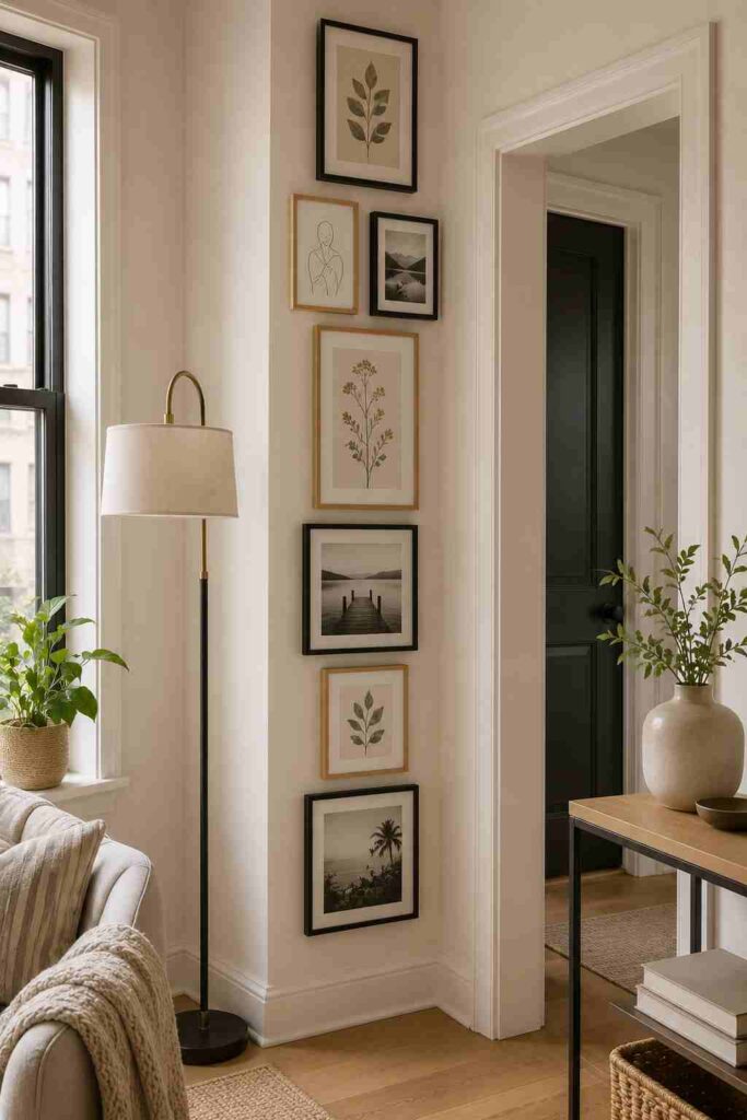 Vertical corner gallery wall arrangement for a narrow wall