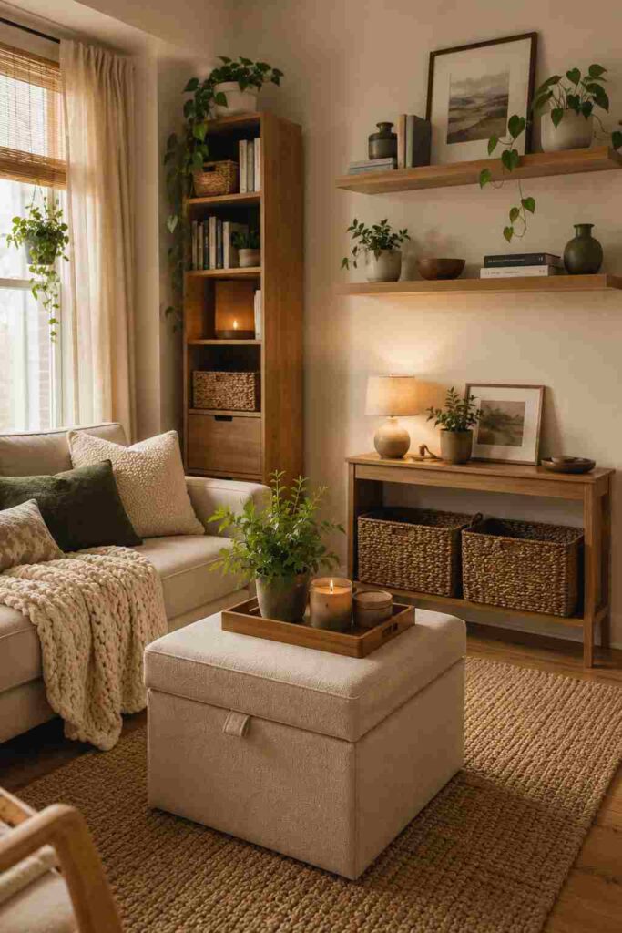 Small apartment living room with tall bookshelf, floating shelves and smart storage