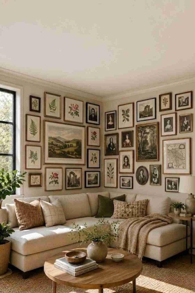 Vintage corner gallery wall with antique gold and wood frames
