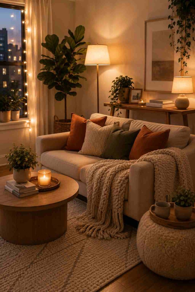 Small apartment living room with warm layered lighting, floor lamp, table lamp and cozy decor