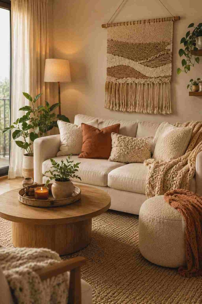 Small apartment living room with woven wall decor and boucle ottoman