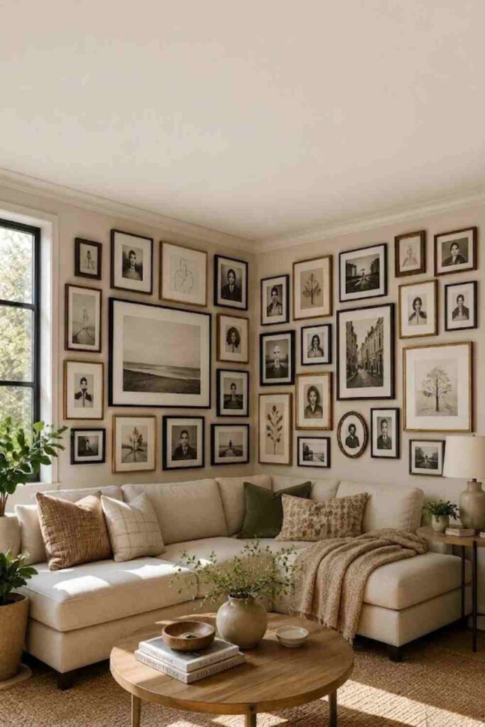 Wraparound corner gallery wall extending across two living room walls