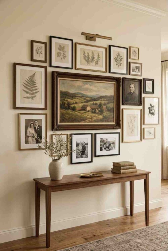 Eclectic vintage gallery wall with mixed frame sizes and artwork