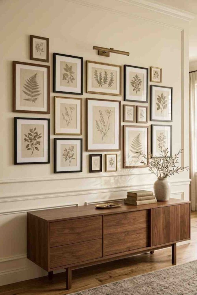 Vintage botanical gallery wall ideas with muted green artwork