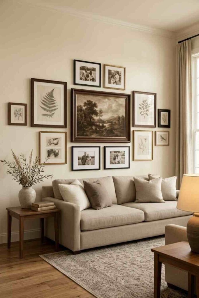 Vintage gallery wall above couch with mixed antique-style picture frames