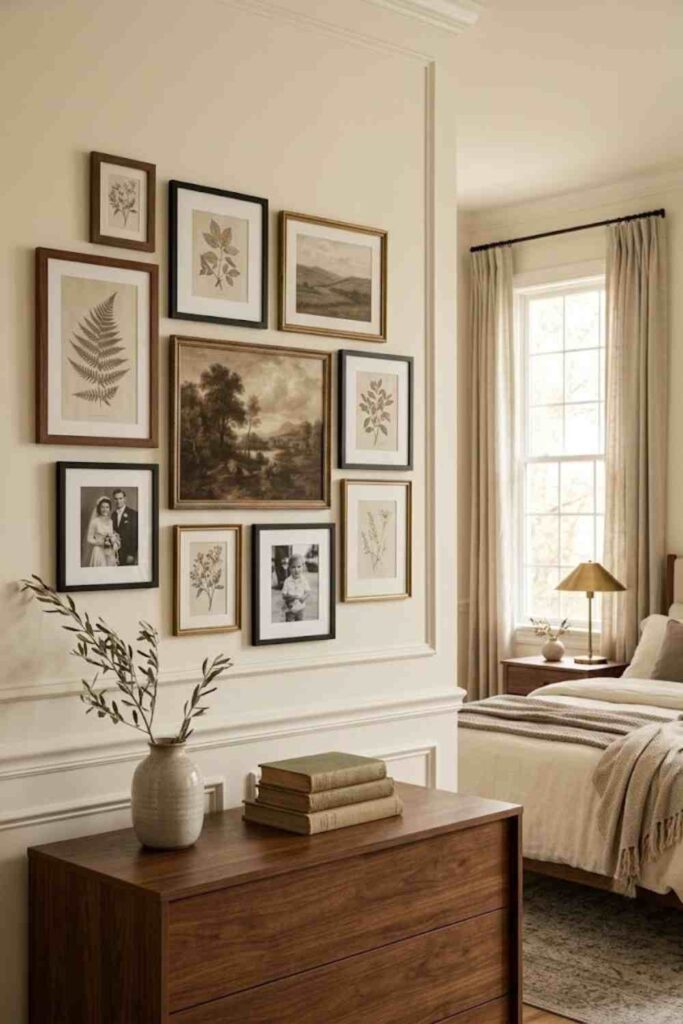 Vintage gallery wall ideas for a warm neutral bedroom