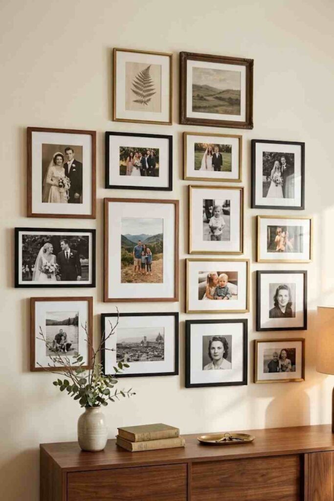 Vintage gallery wall ideas with family photos and antique-style frames