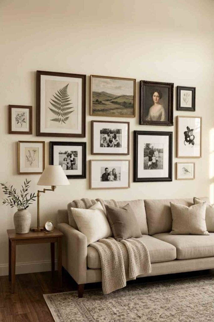 Vintage gallery wall ideas with antique-style frames in a warm living room