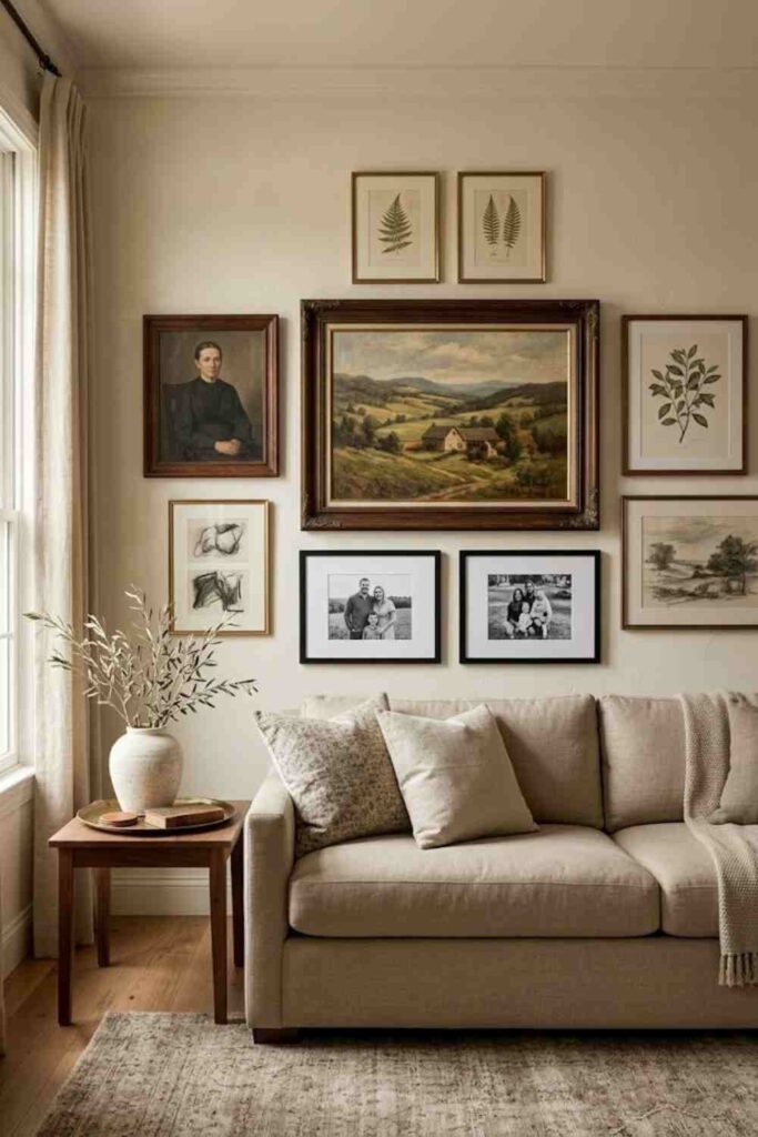 Vintage gallery wall ideas for a cozy living room above a neutral sofa
