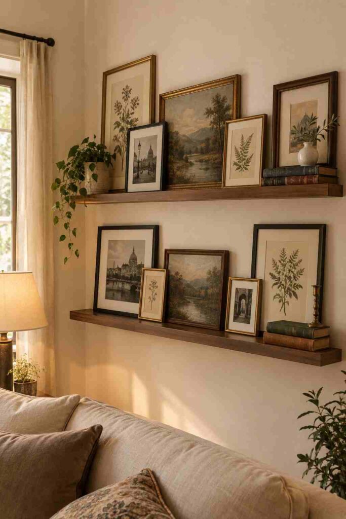 Vintage gallery wall ideas with shelves and layered picture frames